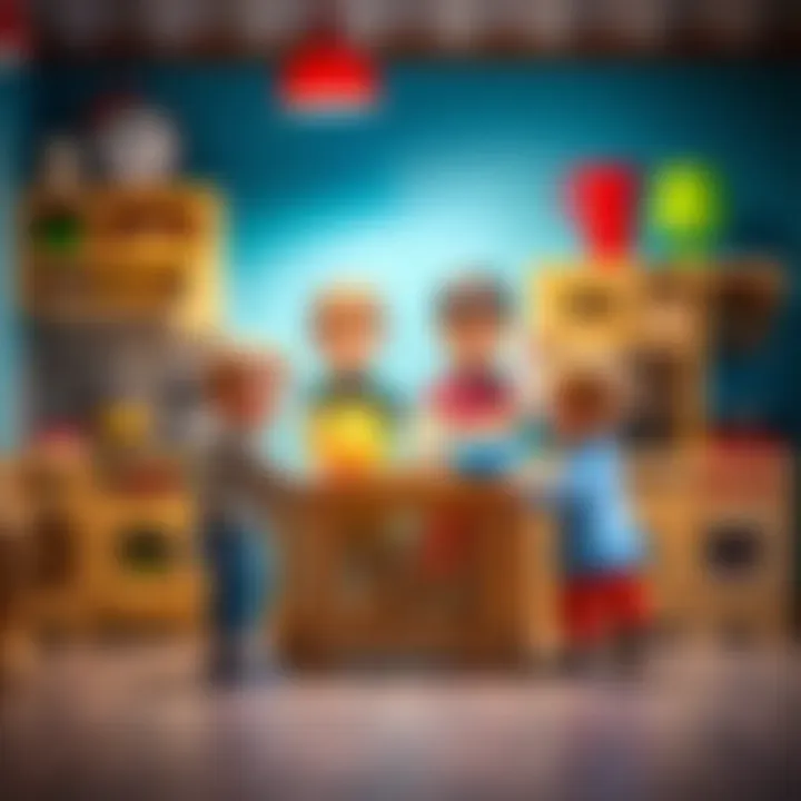 Group of children interacting with a wooden kitchen