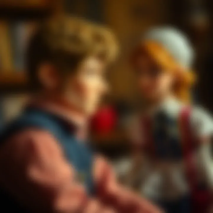 Matthew Cuthbert looking thoughtfully at Anne Shirley