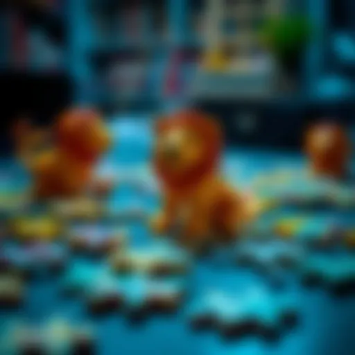 Lion-themed puzzle pieces scattered on a table
