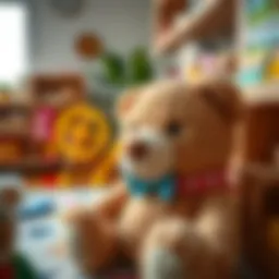 A plush bear in a child's playroom, symbolizing emotional support.