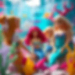A vibrant scene of children playing with Barbie mermaid dolls in a colorful underwater setting.