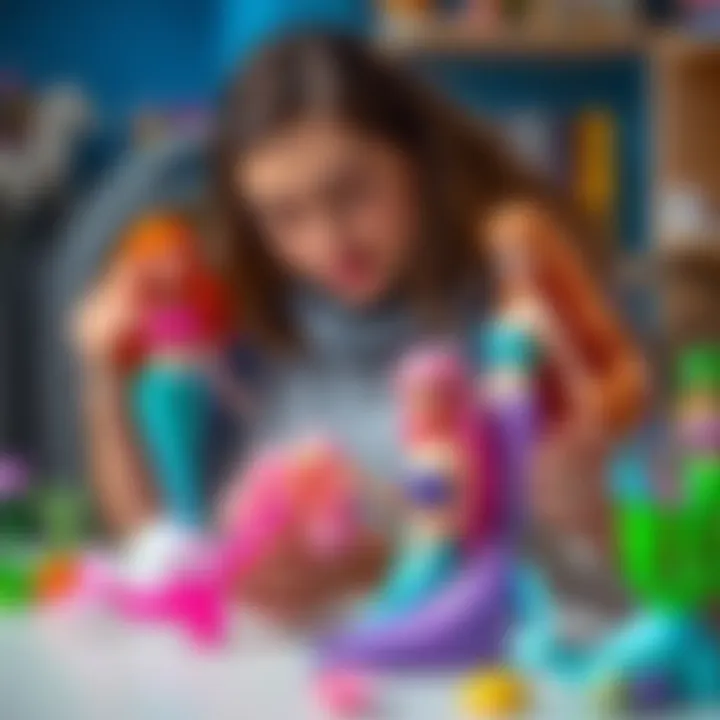 Parent Choosing Educational Toys A thoughtful parent selecting Barbie mermaid dolls based on educational value and developmental benefits.