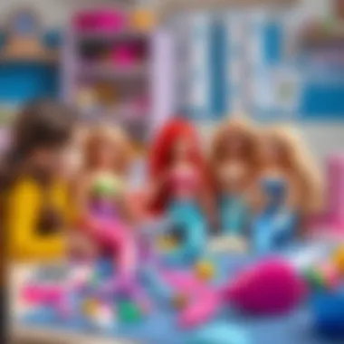 Group Play Enhancing Social Skills An educational setting where children use Barbie mermaid dolls to enhance their social skills in a group play activity.