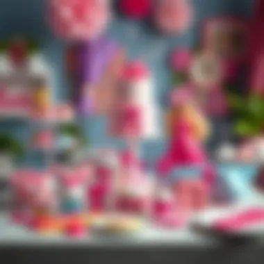 A table filled with various Barbie-themed cake decorations and accessories.