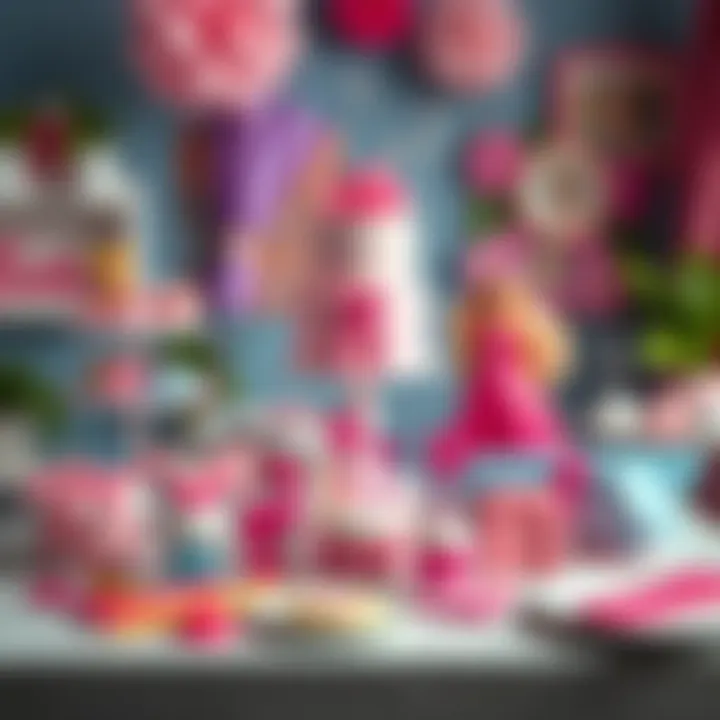 A table filled with various Barbie-themed cake decorations and accessories.