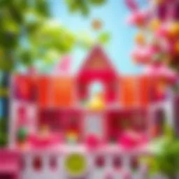 A vibrant illustration of Barbie's Dream House filled with eco-friendly toys