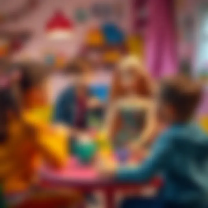 A collaborative scene of kids sharing ideas while dressing up Barbie.