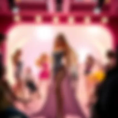 An imaginative scene depicting a Barbie fashion show.