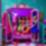 A colorful wardrobe filled with various outfits for Barbie dolls.