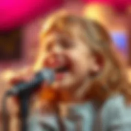 A child joyfully singing into a Barbie microphone, embodying creativity and fun.