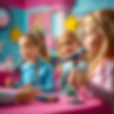 An engaging playtime scenario where children are using Barbie microphones to perform.