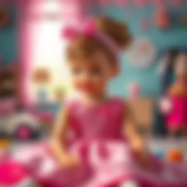 Child engaged in imaginative play with Barbie outfits