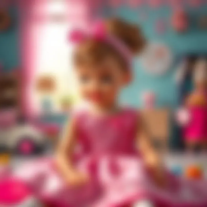 Child engaged in imaginative play with Barbie outfits
