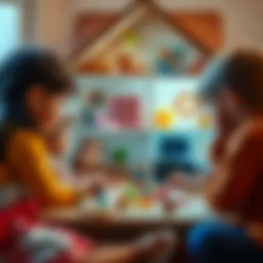 A group of children collaborating on a creative play scenario with a dollhouse.