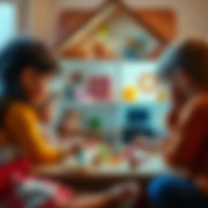 A group of children collaborating on a creative play scenario with a dollhouse.