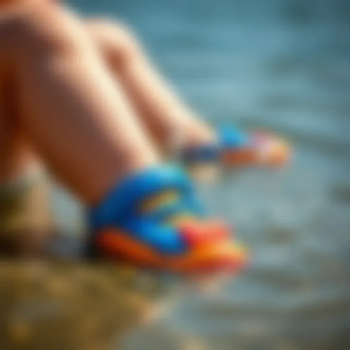Baby Enjoying the Water Close-up of a baby wearing pool shoes by the water