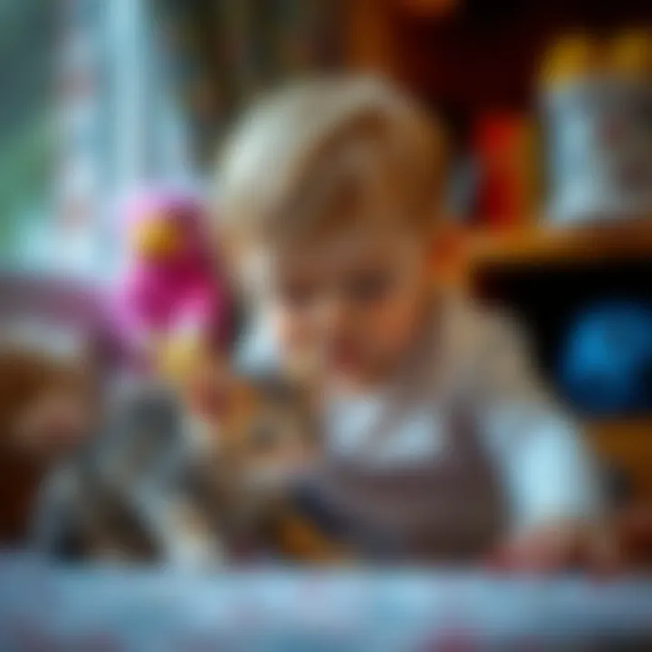 A baby exploring the playful nature of a kitten in a safe environment.