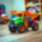 Colorful remote-controlled toy truck in action