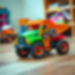 Colorful remote-controlled toy truck in action