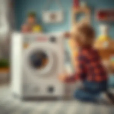 Child engaging with Bosch toy washing machine in playroom