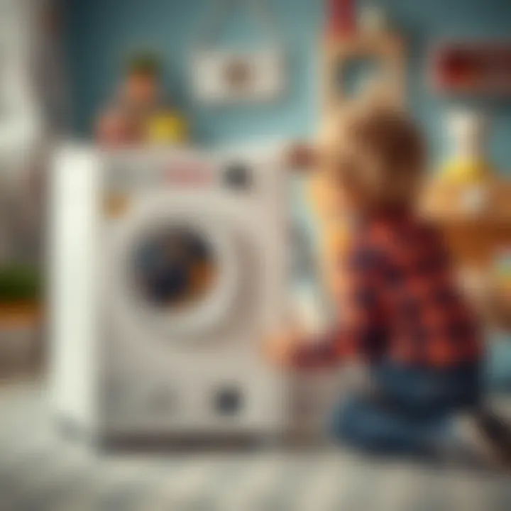 Child engaging with Bosch toy washing machine in playroom