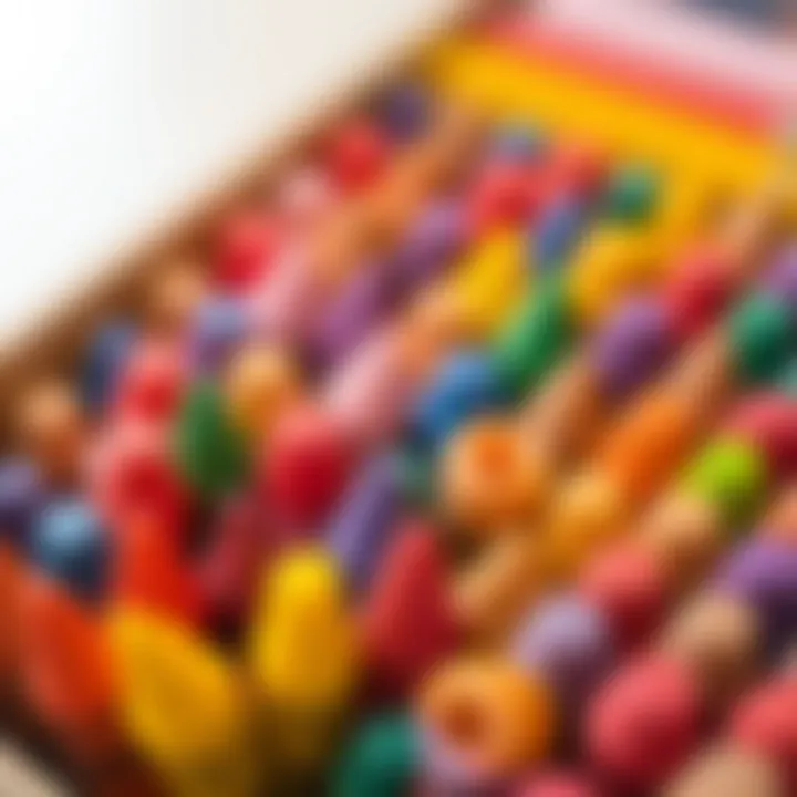 A close-up of colorful crayons arranged neatly