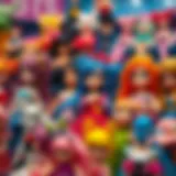 Colorful BTS dolls displayed in a vibrant setting