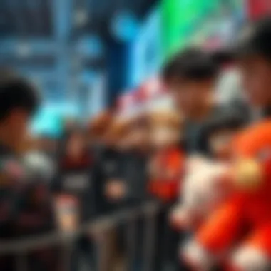 A group of fans admiring BTS plush toys at a merchandise store.