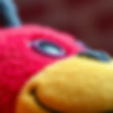 Close-up of a BTS plush toy with intricate details and vibrant colors.