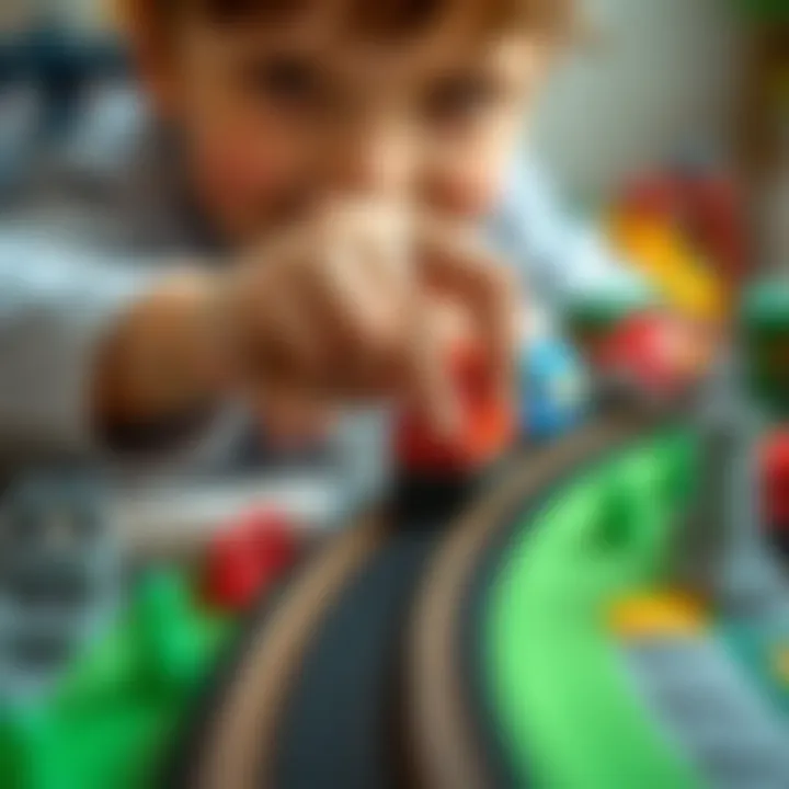 Building a Train Track A close-up of a child's hand building a train track