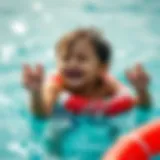 A child playing joyfully in water with a life buoy
