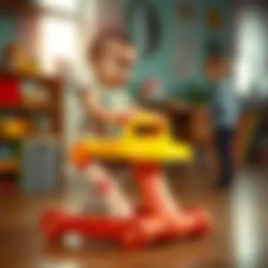 Illustration of a child using a Fisher Price walker in a developmental context