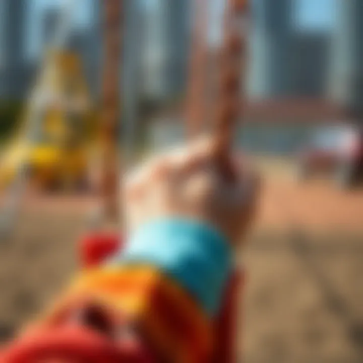 Close-up of a child's hand gripping a swing