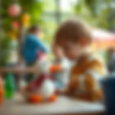 Child interacting with a toy duck in a social setting
