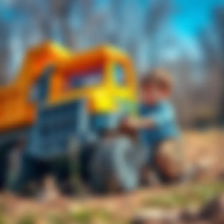 Child playing with a large toy truck outdoors