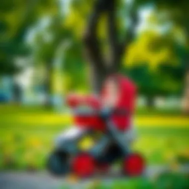 Child playing with a toy stroller in a park