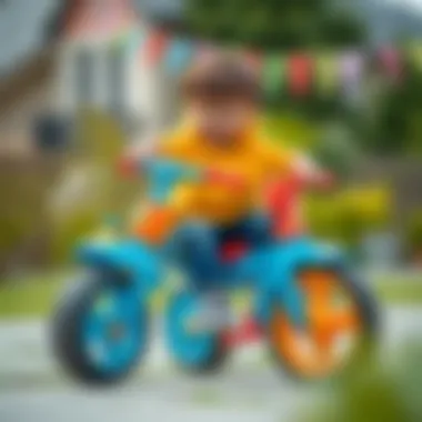 Close-up of a child practicing balance on a brightly colored tricycle.
