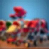A selection of various child strollers