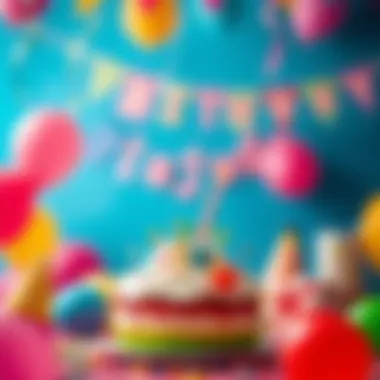 A colorful birthday celebration with balloons and cake.