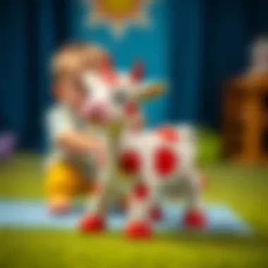 Children developing motor skills with a cow toy