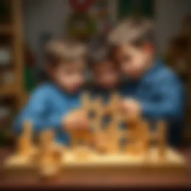 Children engaging in a wooden Tetris game, showcasing collaboration and focus.