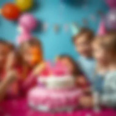 Children joyfully interacting with a Barbie-themed birthday cake at a party.