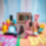 A vibrant collection of kid-friendly makeup products on a colorful surface.