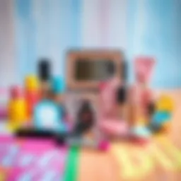 A vibrant collection of kid-friendly makeup products on a colorful surface.