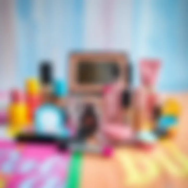 Vibrant Kid-Friendly Makeup Collection A vibrant collection of kid-friendly makeup products on a colorful surface.