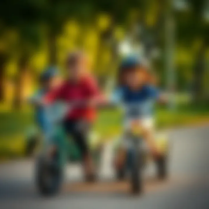 Children enjoying a fun ride on their three-wheeled bicycles in a park.
