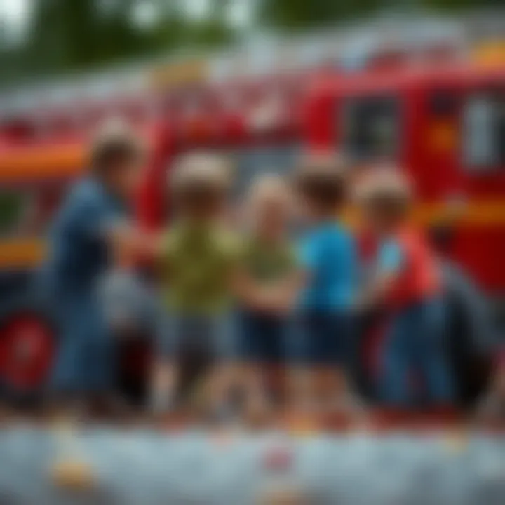 Children playing together with a large fire truck, enhancing teamwork skills