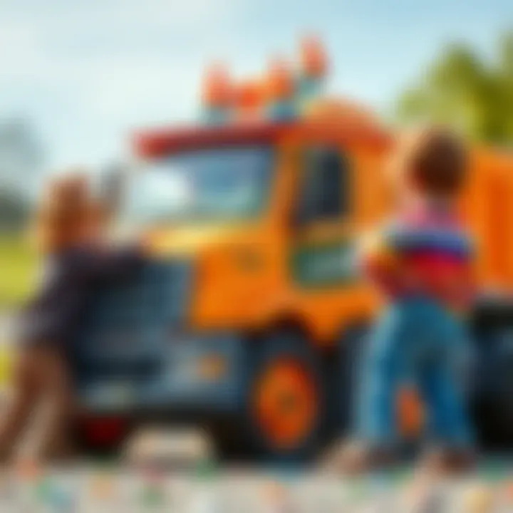 Children playing with a large toy truck, showcasing social interaction and cooperative play.