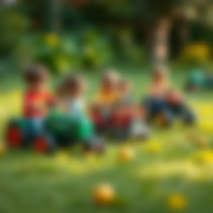 Group of children playing together with pedal toy tractors