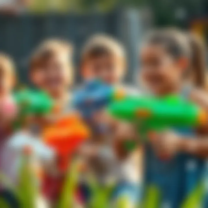 Children laughing and playing together while using water guns
